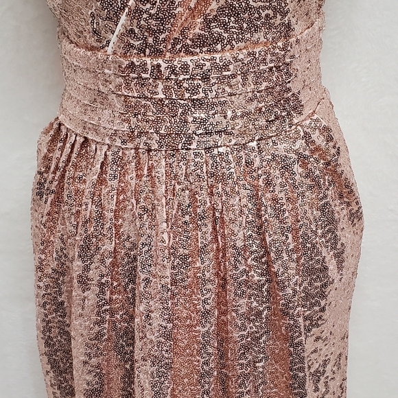 KATE Kasin Rose Gold Sequin Pleated V-neck Sleeveless Stretchy Column Dress 6 - Picture 4 of 13